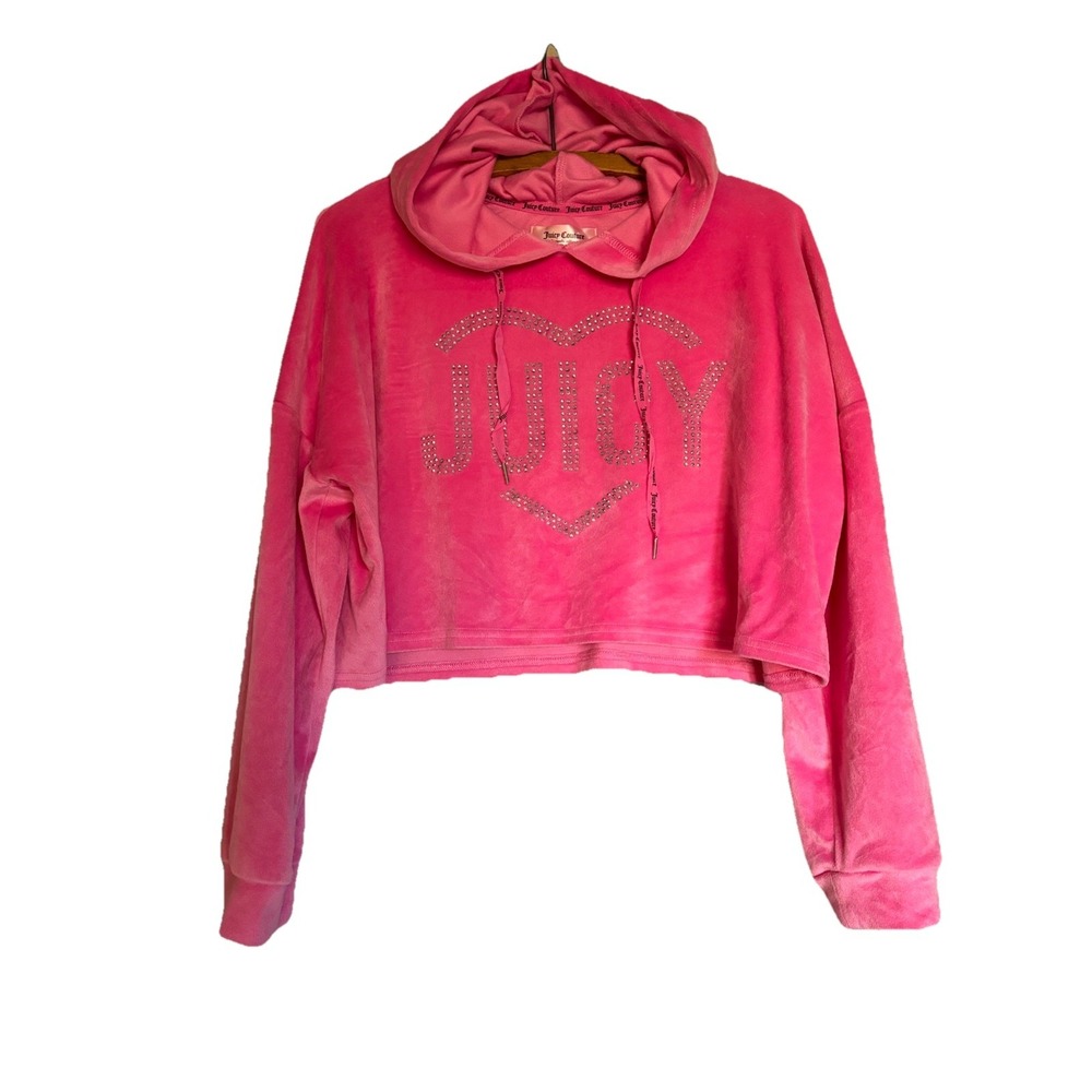 Juicy Couture Med Y2K Pink Velour Rhinestone Hoodie Sleepwear Jacket Cropped